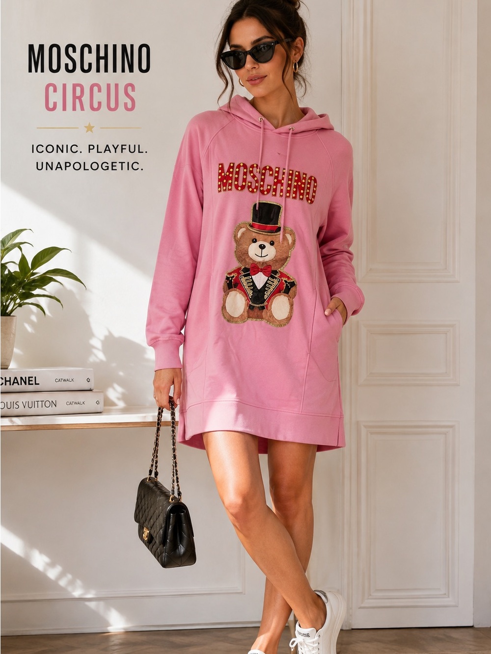 Moschino Circus Teddy Bear Hoodie Dress Pink Cotton Sweatshirt Dress Sz 2